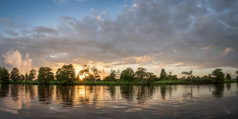 The sun breaks through close to sunset along a black water river  after a storm passes, with cypress trees reflected in the placid waters. 