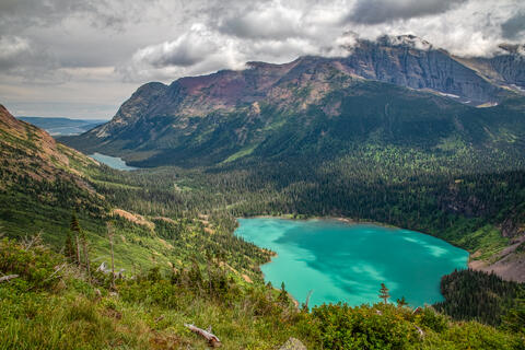 Grinell Lake, Lake Josephine and Lake Sherburne form a chain of paternoster lakes in Glacier national Park in Montana.