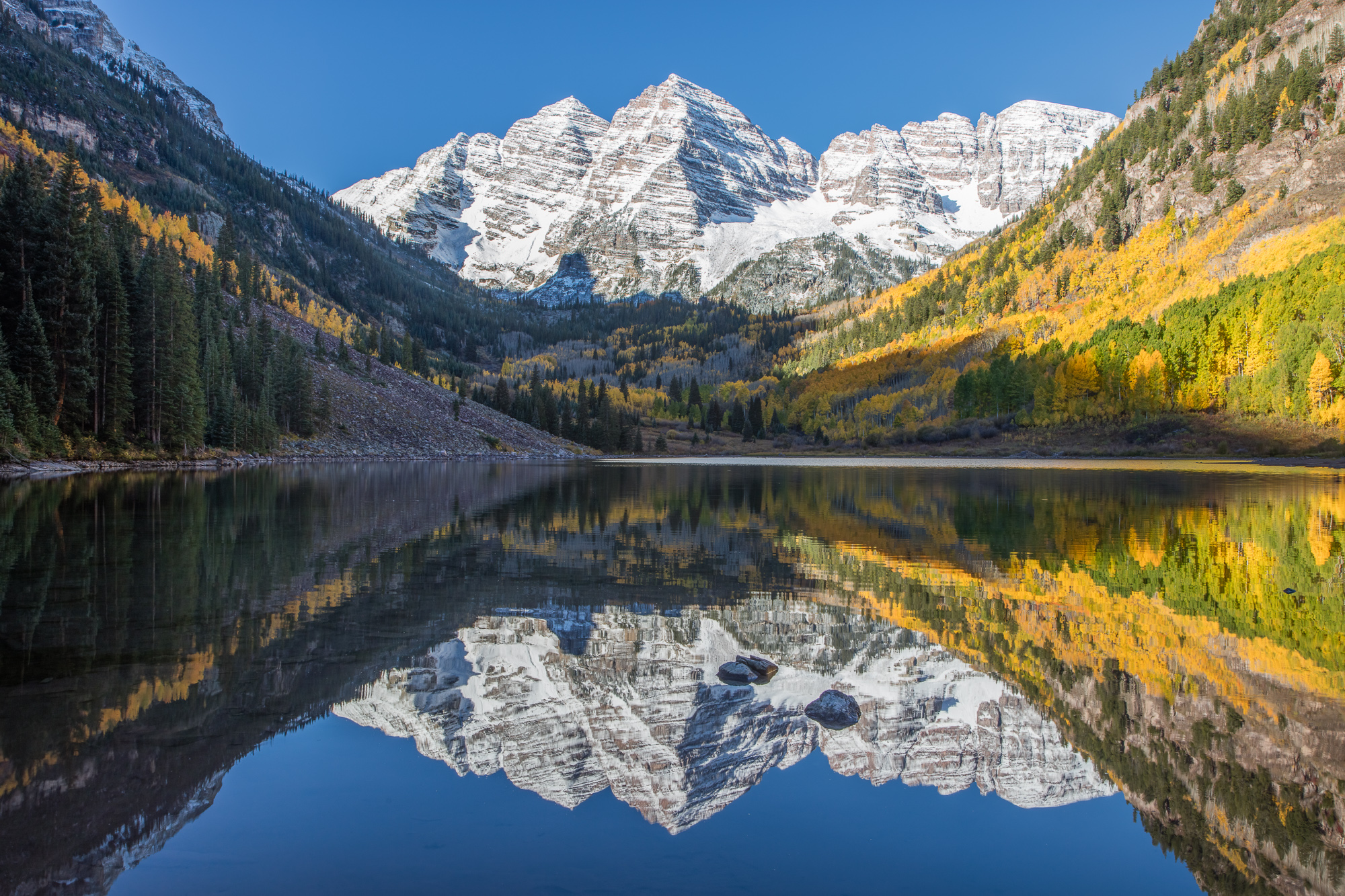Maroon Bells Reflected in Maroon Lake in Fall