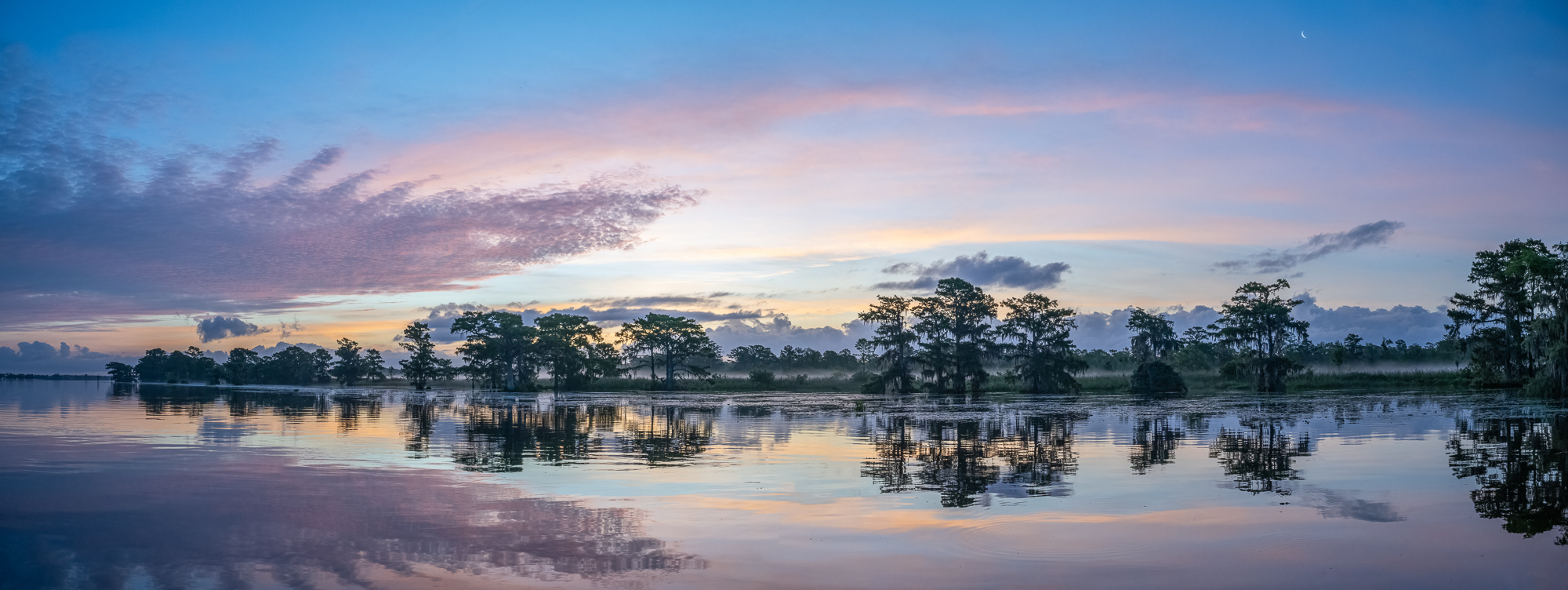 Dawn on the River Clouds, trees, and sky are reflected in a calm blackwater river at dawn in South Carolina.